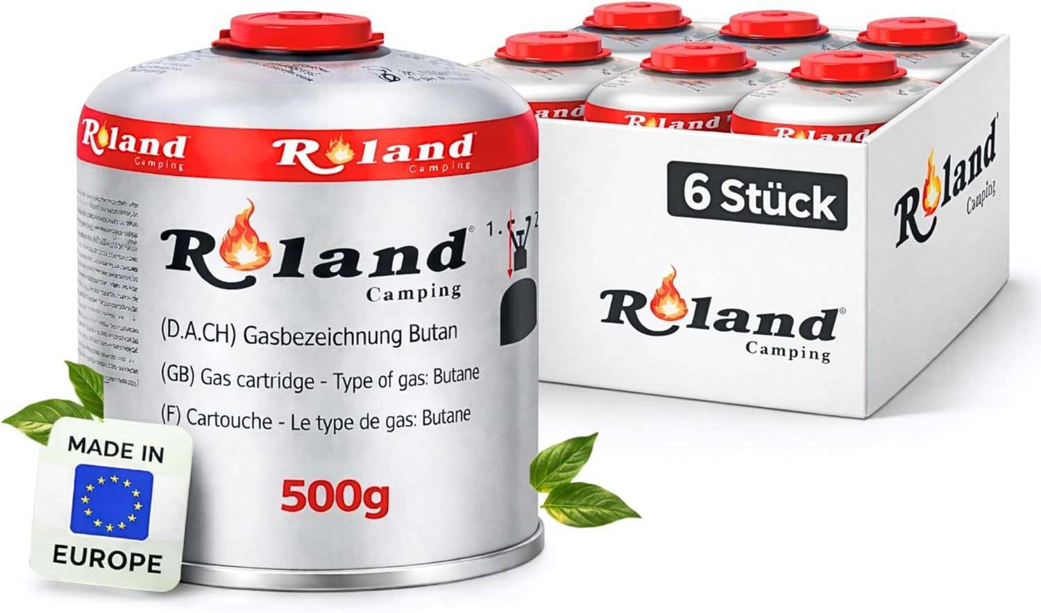 Roland Camping 6 Stück Gaskartusche 500g Butan Gas Schraubkartusche mit Schraubventil