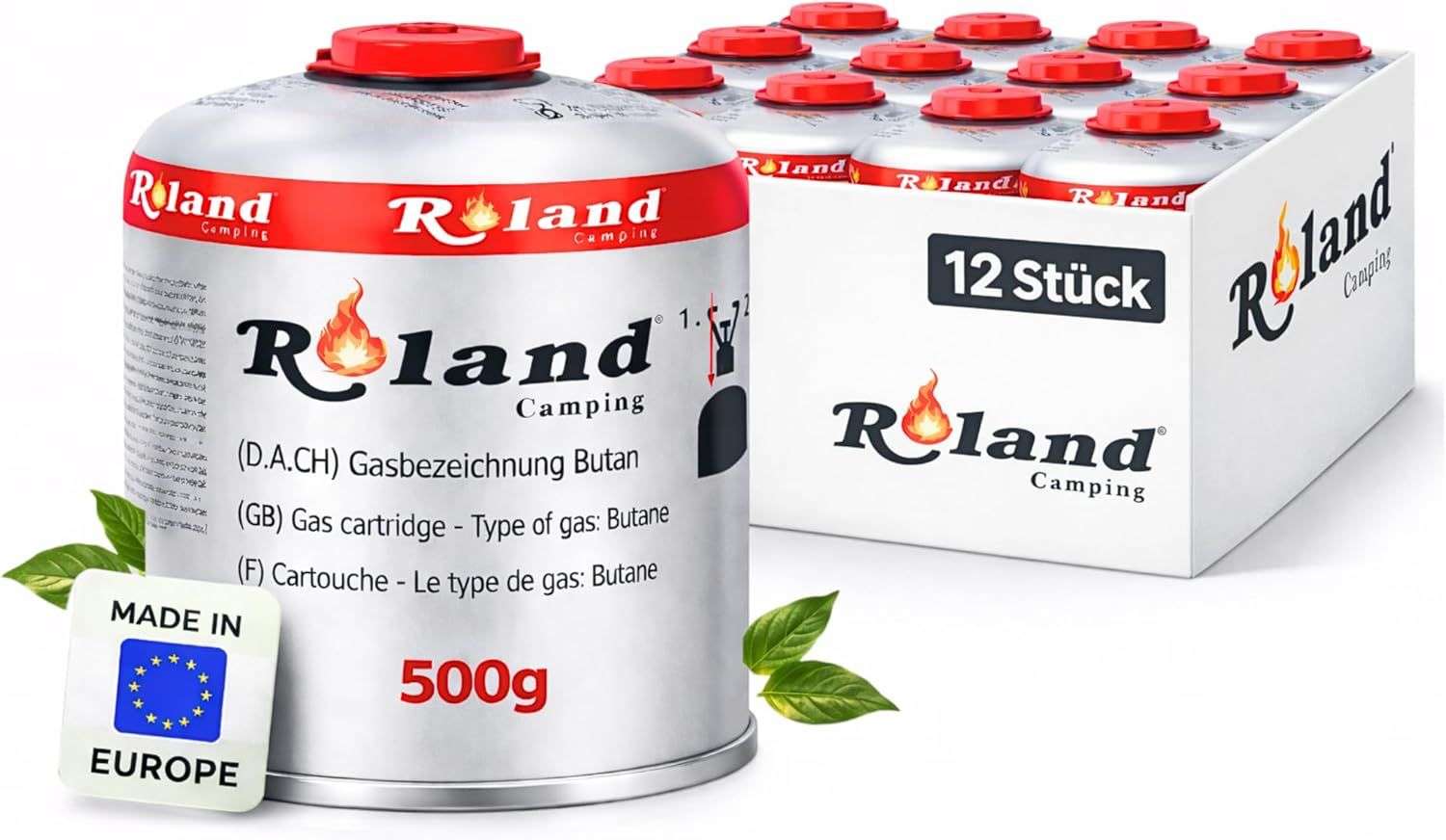 Roland Camping 12 Stück Gaskartusche 500g Butan Gas Schraubkartusche mit Schraubventil