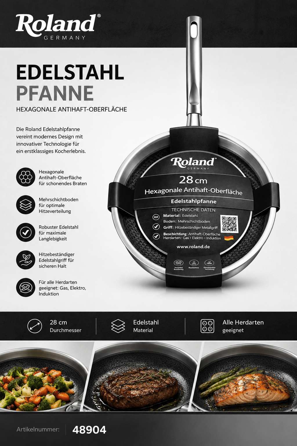 Pfanne Ø 28 cm –Edelstahl Antihaft Bratpfanne Induktionsgeeignet